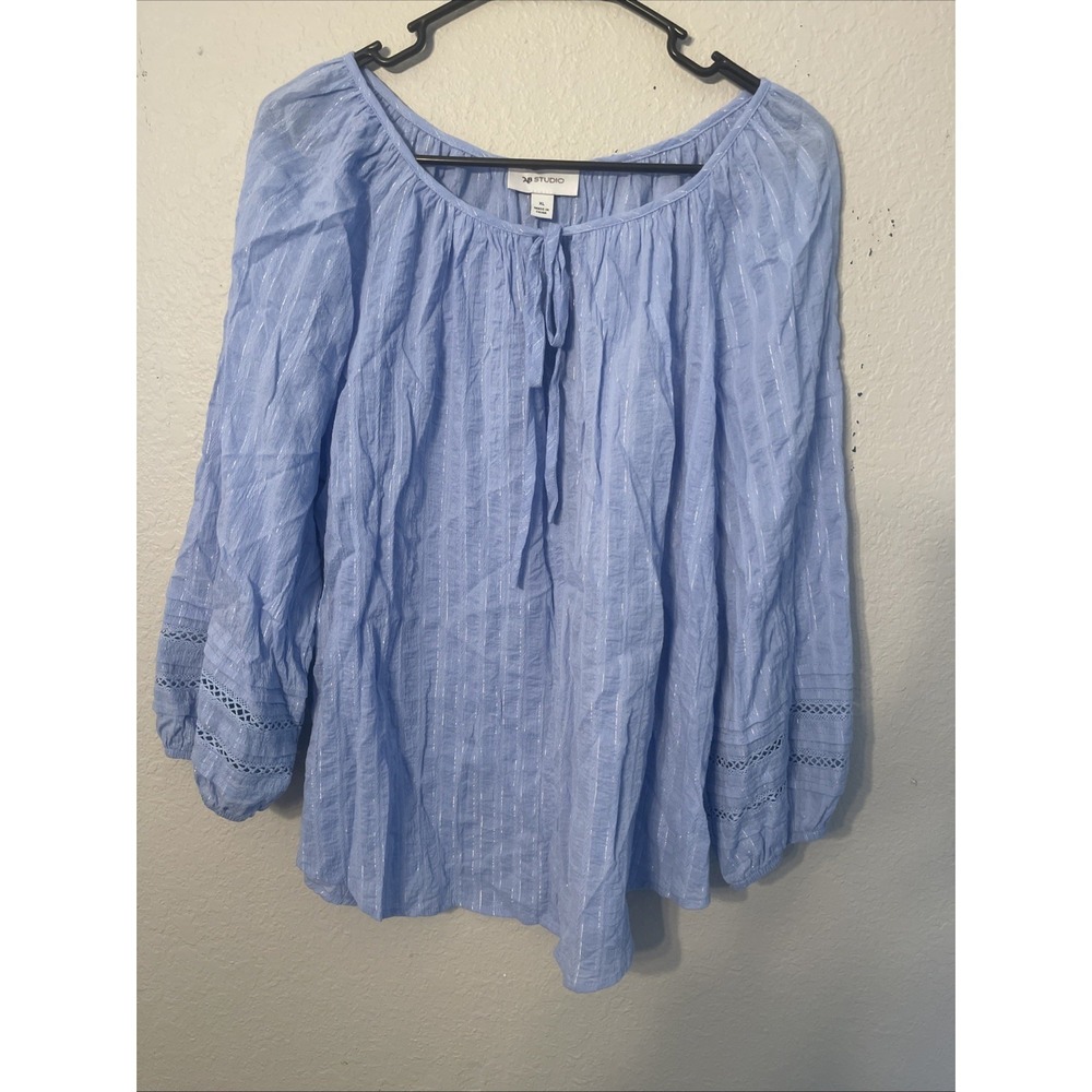 AB Studio Size XL Blue/ Silver Flecks Long Sleeve Peasant Top